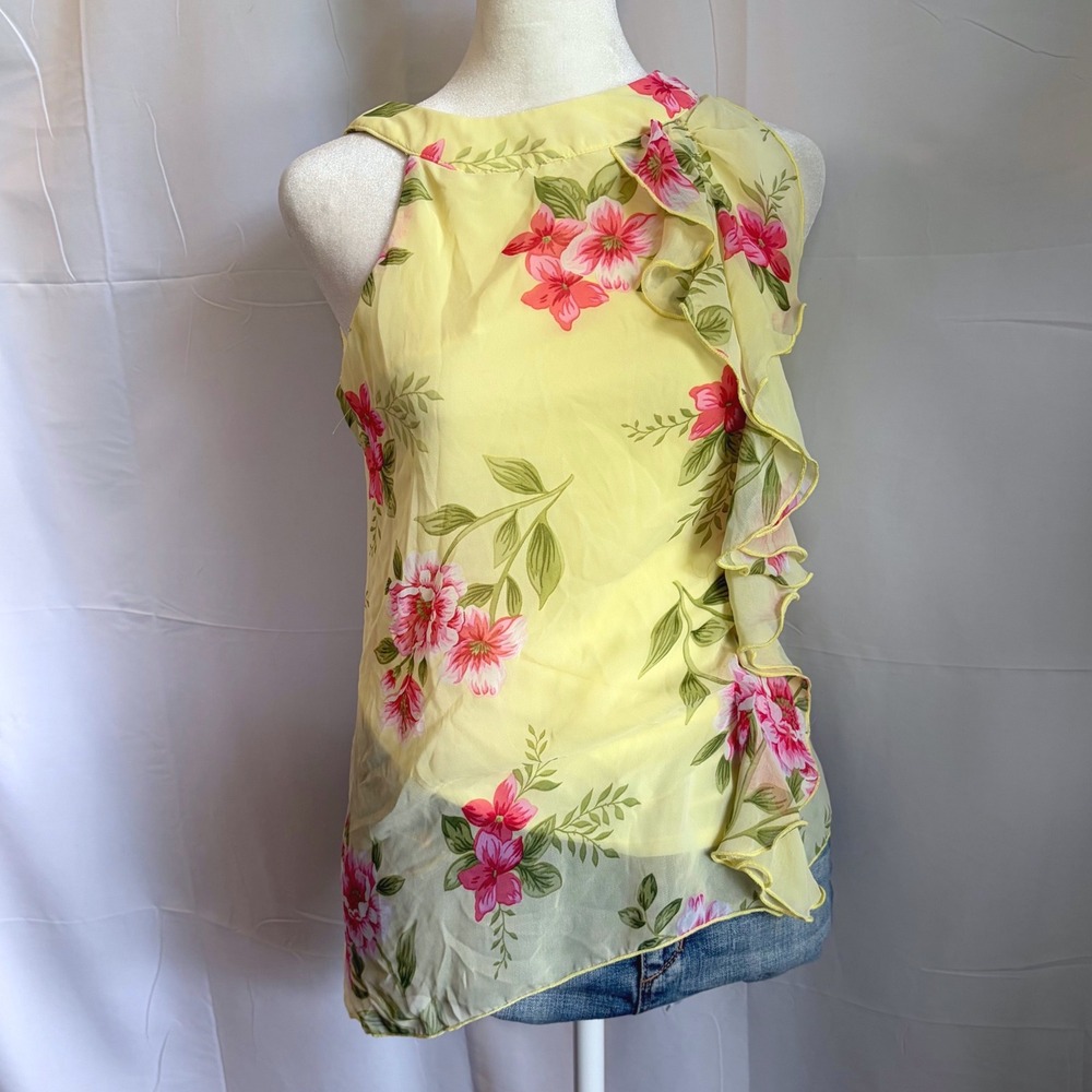 Y2K‎ Fairy Cottage Yellow Floral Ruffle Sleeveless Blouse Handkerchief Hem